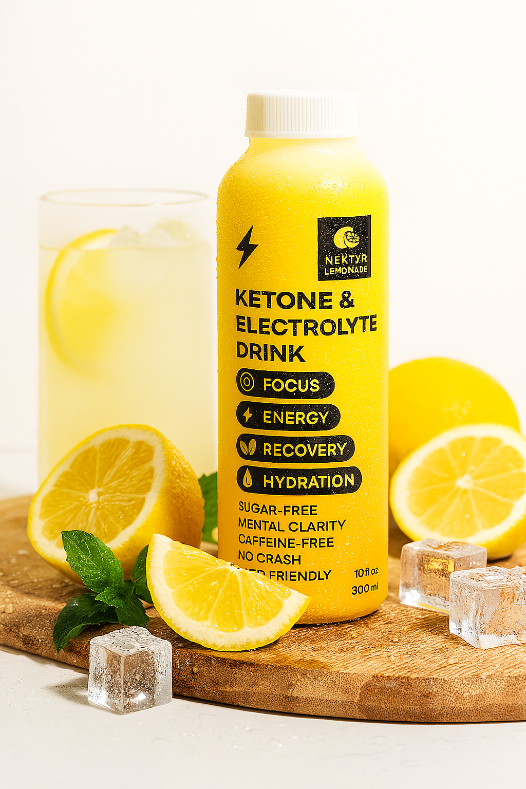 Yellow bottle of Ketone & Electrolyte Drink with lemon slices and ice cubes on a wooden board.